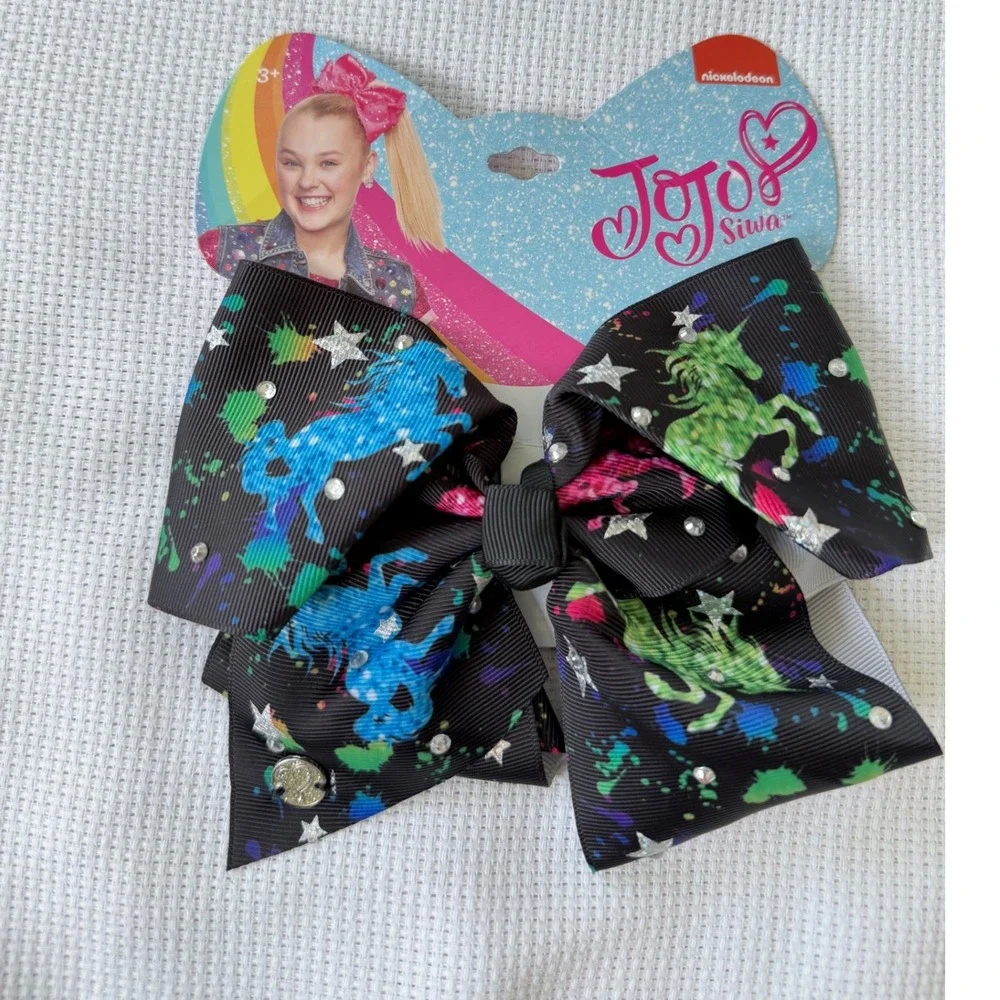 JoJo Siwa Signature Bow Black Paint Splatter Unicorn Rhinestone Hair Clip 6.5in